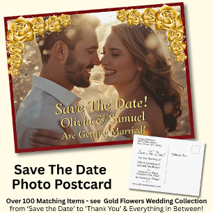 Save The Date, Photo - Gold Roses Maroon Red Announcement Postcard