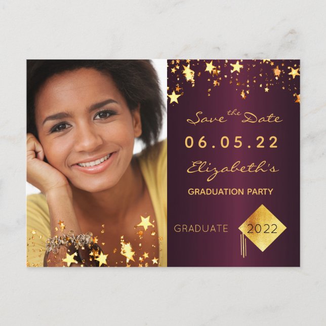 Save the Date photo graduation party 2022 burgundy Postcard (Front)