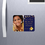 Save the Date photo graduation party blue Magnet<br><div class="desc">A photo Save the date magnet card for a graduation party 20XX. On front: Add your own vertical size photo of the graduate. A navy blue background color, decorated with faux gold stars. Personalize and add a name and date. Golden letters. The name and the text: Save the Date are...</div>