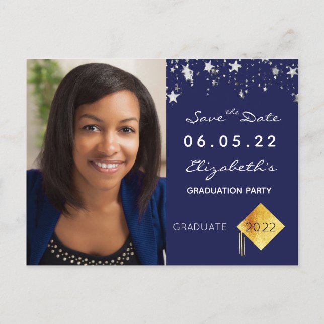 Save the Date photo graduation party blue Postcard (Front)