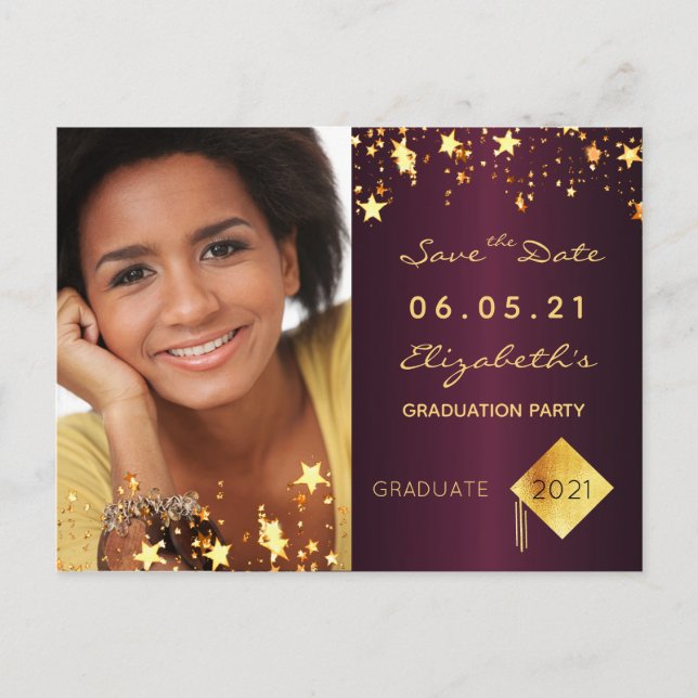 Save the Date photo graduation party burgundy Postcard (Front)
