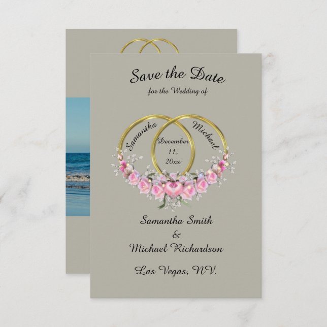 Save the Date Photo Grey Pink Flowers Rings (Front/Back)