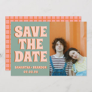 Save The Date Photo Groovy Bleu Rose Rouge Funky 