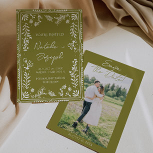 Save The Date Photo Jardin Floral Dessiné à la Main Olive Faire-