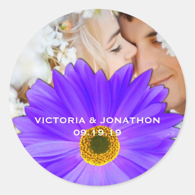 Save the Date Photo Lavender Gerber Daisy Wedding Classic Round Sticker (Front)