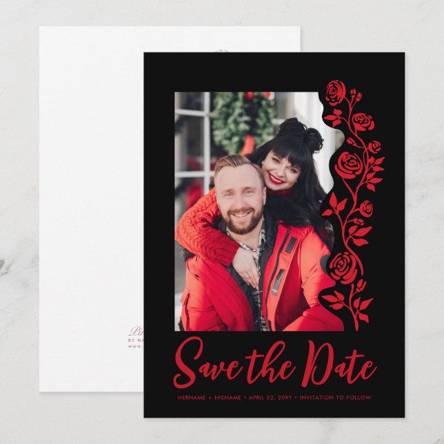 Save The Date Photo Main dessinée Roses Rouges Noir Gras Simple (Devant / Derrière)