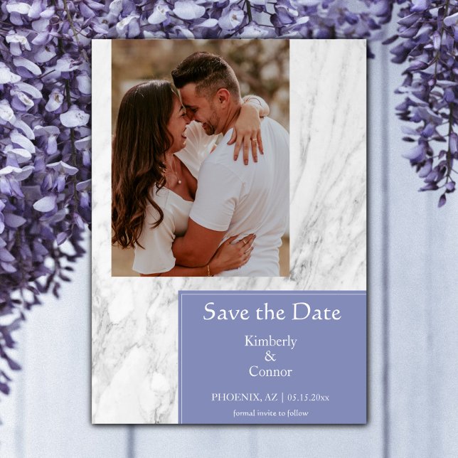 Save The Date Photo Marbré Simple Pervenche (Periwinkle Simple Marbled Photo Save the Date)