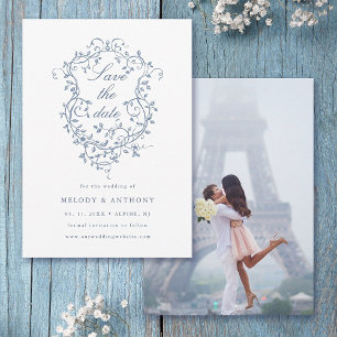 Save The Date Photo Mariage classique de la crête Florale Bleue 