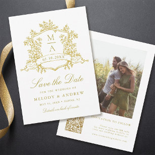 Save The Date Photo Mariage classique Floral Crest Gold