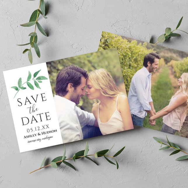 Save The Date Photo Mariage de la branche de la verdure Blanc (Créateur téléchargé)