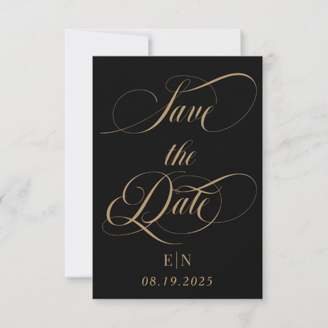 Save The Date Photo Mariage de Monogramme classique noir et or (Devant)