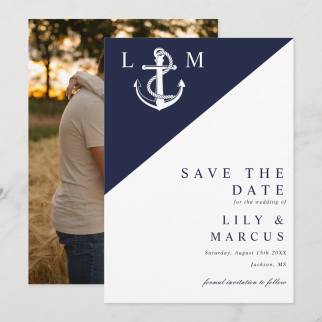 Save The Date Photo Mariage de Monogramme marin bleu (Devant / Derrière)