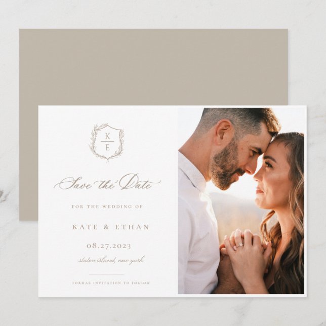 Save The Date Photo Mariage du monogramme de la crête botanique (Devant / Derrière)