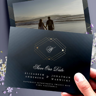 Save The Date photo marine bleu classique déco or monogramme