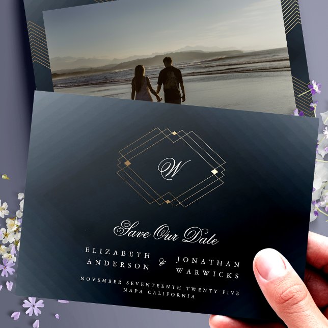 Save The Date photo marine bleu classique déco or monogramme (Créateur téléchargé)