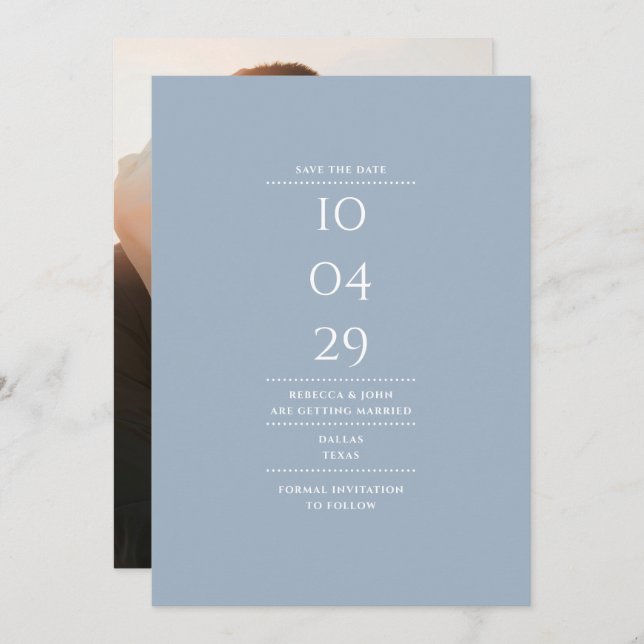 Save The Date Photo minimaliste moderne Dusty Blue Mariage (Devant / Derrière)