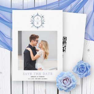 Save The Date Photo monogramme de la crête vintage bleue et blan
