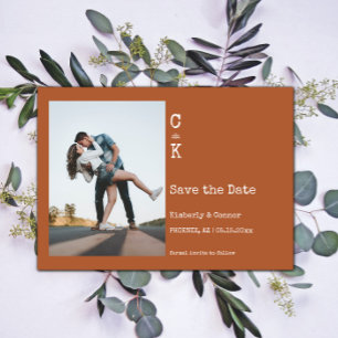 Save The Date Photo Monogramme minimaliste orange brûlé
