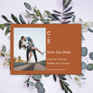 Save The Date Photo Monogramme minimaliste orange brûlé