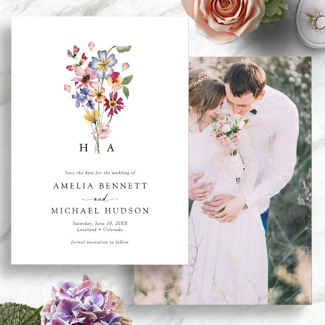 Save The Date Photo monographique colorée (Colorful Watercolor Floral Monogrammed Photo Save The Date by Painted Paperie
)