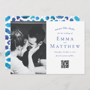 Save The Date Photo Motif en carreaux bleus avec QR