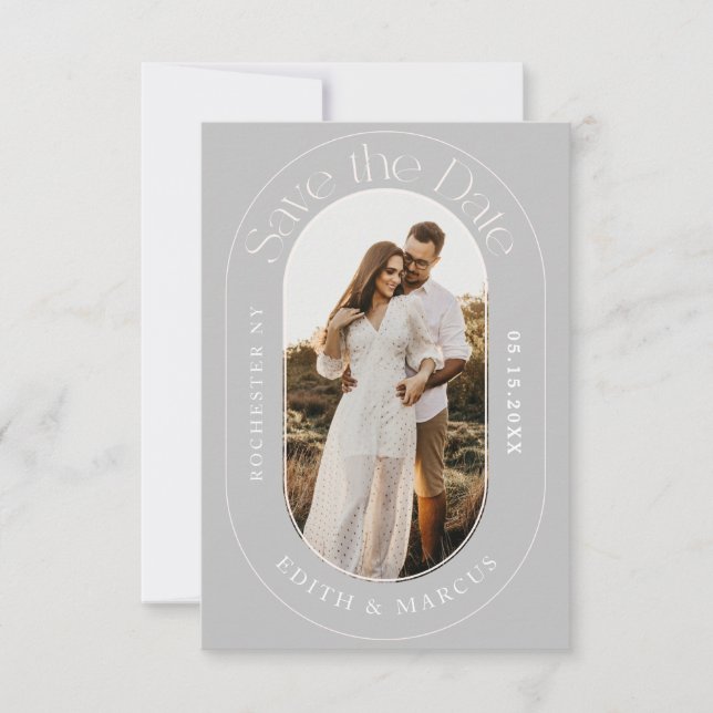 Save The Date Photo ovale moderne Sauvez la date gris (Devant)