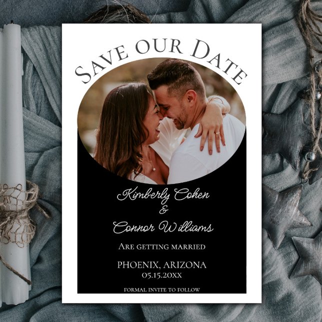 Save The Date Photo ovale simple Enregistrer la date | Noir (Black Simple Oval Photo Save the Date)