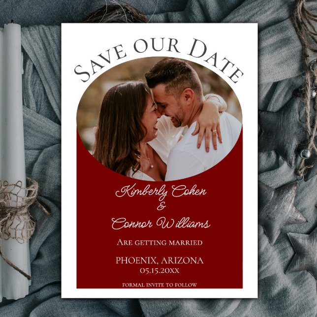 Save The Date Photo ovale simple Enregistrer la date | Rouge (Red Simple Oval Photo Save the Date)