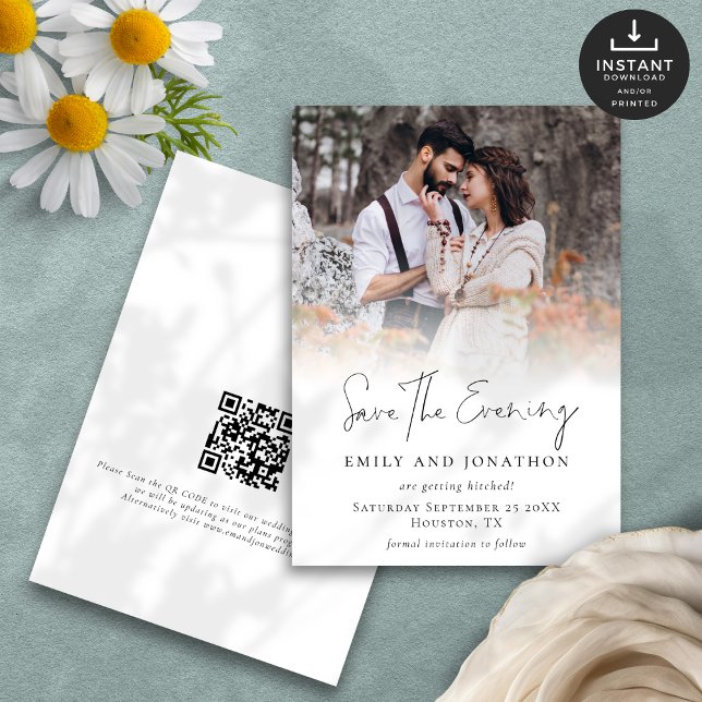 Save The Date Photo Overlay QR Script Mariage Enregistrer le soi (Front and back view)