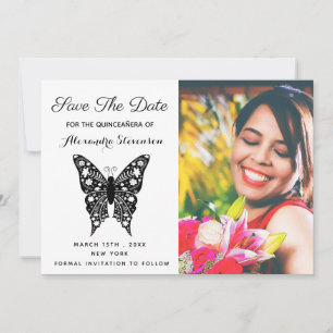 Save The Date Photo Papillon Quinceanera, noir et blanc