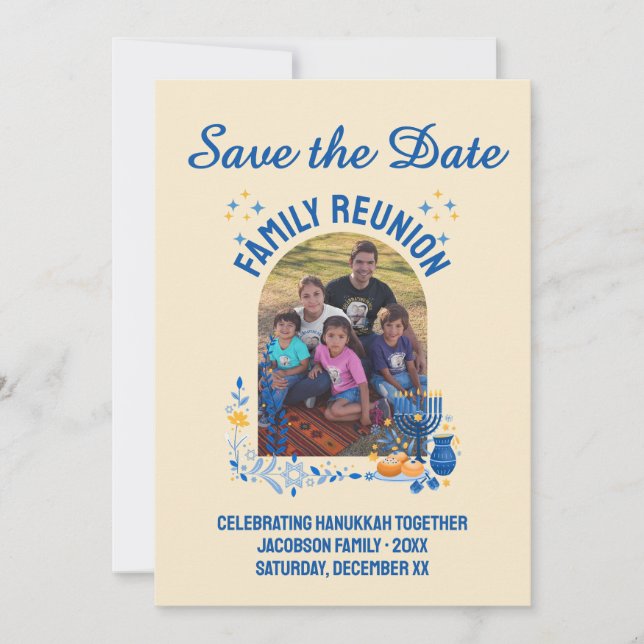 Save The Date Photo personnalisable HANOUKKA FAMILLE REUNION (Devant)