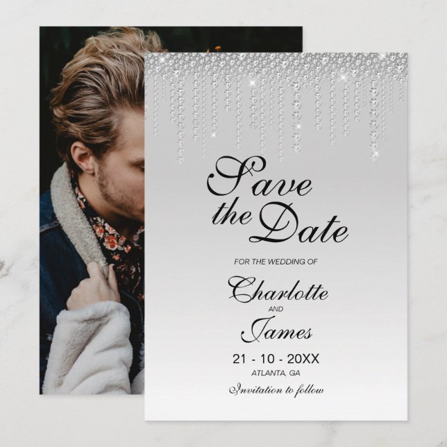 Save The Date Photo Personnalisée Diamants D'Argent Mariage Enre (Devant / Derrière)