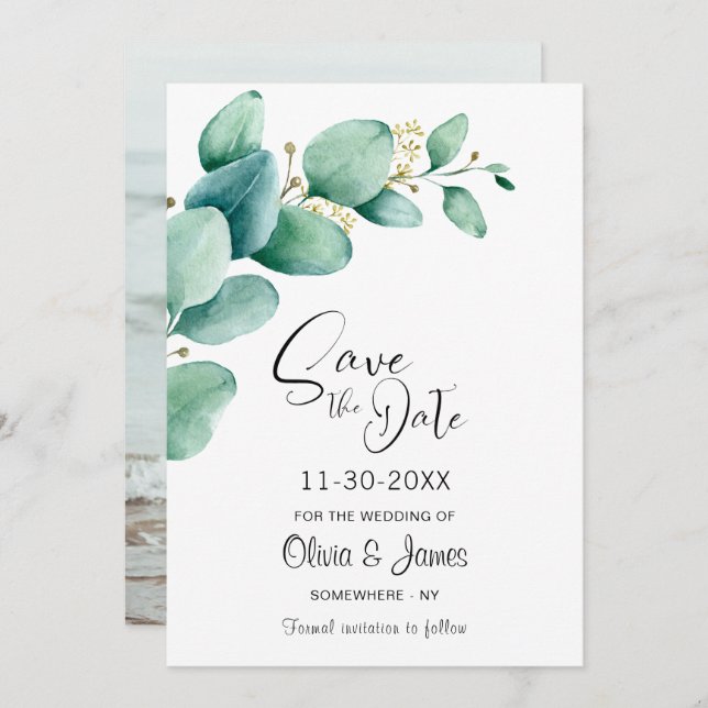 Save The Date Photo personnalisée Mariage Eucalyptus (Devant / Derrière)