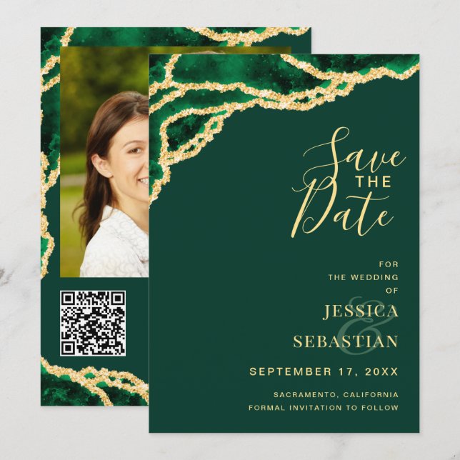 Save The Date Photo personnalisée QR Code Emerald Green Agate Mo (Devant / Derrière)