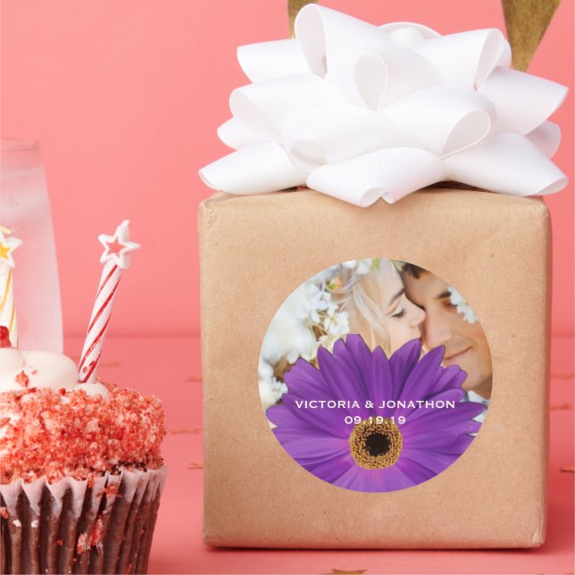 Save the Date Photo Plum Gerber Daisy Wedding Classic Round Sticker (Party)