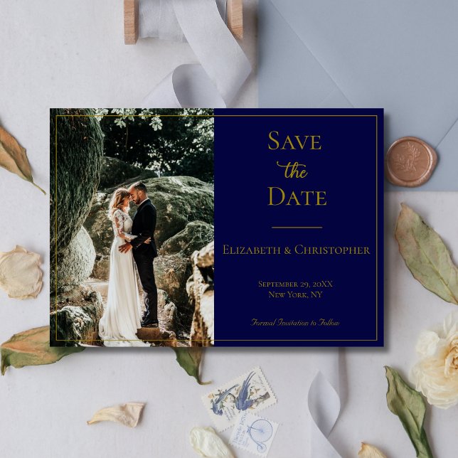 Save The Date Photo QR Code Marine Blue Gold Mariage élégant (Photo QR code Navy Blue Gold Wedding Save the date Card)