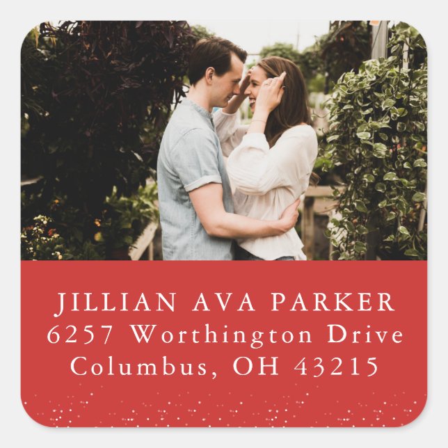 Save the date photo red return address square sticker (Front)