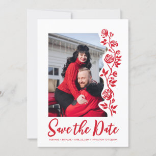 Save The Date Photo Red White Main tiré Rose QR Code Site Web