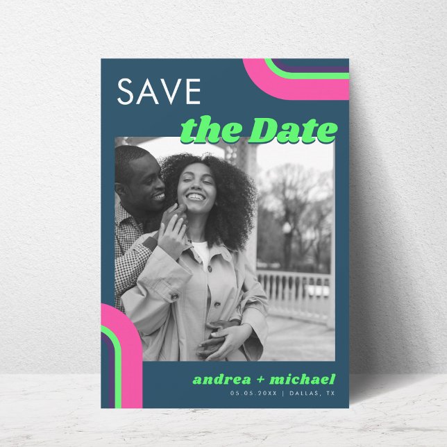 Save The Date Photo Retro super Enregistrer La Date - Turquoise  (Créateur téléchargé)