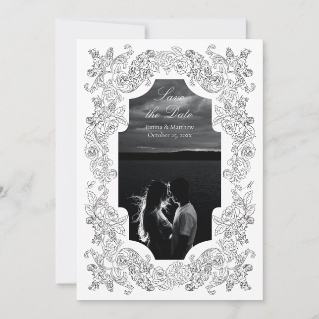 Save The Date Photo romantique baroque noir et blanc (Devant)
