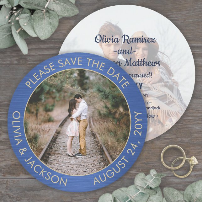 Save The Date Photo ronde unique brossé Mariage bleu et or (Créateur téléchargé)