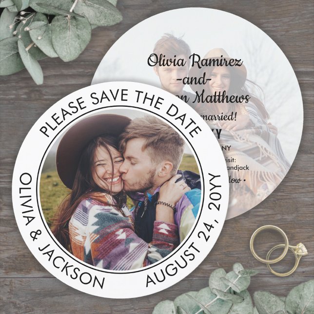 Save The Date Photo ronde unique Mariage noir et blanc moderne (Créateur téléchargé)