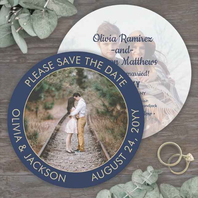 Save The Date Photo ronde unique moderne Marine Mariage bleu & o (Créateur téléchargé)