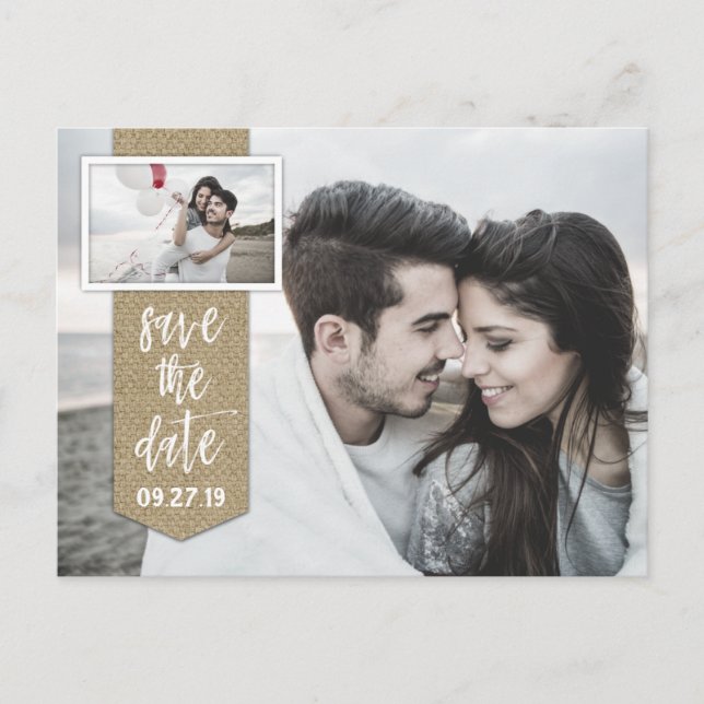 Save the Date Photo Rustic Burlap Wedding Announcement Postcard (Front)
