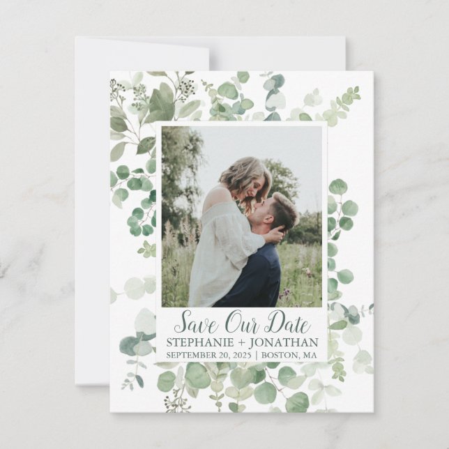 Save The Date Photo Save Our Date avec cadre Eucalyptus Vert (Devant)