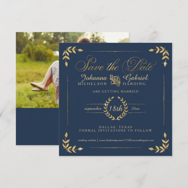 Save The Date Photo Save the Date, Marine Gold Laurel Leaf (Devant / Derrière)