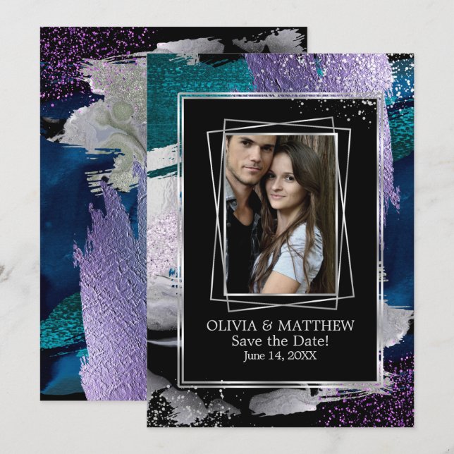 Save the Date | Photo Silver Teal Lilac Abstract Invitation (Front/Back)