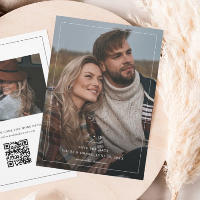 Save The Date Photo simple Mariage noir et blanc (Simple Wedding Monogram Photo Save the Date with QR code.)