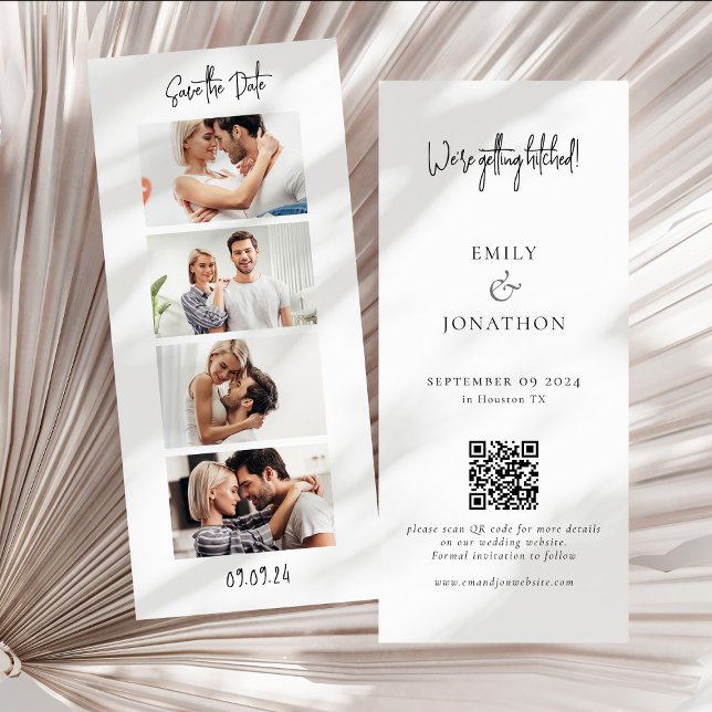 Save The Date Photo Strip 4 Photos QR Code Photoshop Mariage (Front and back view)