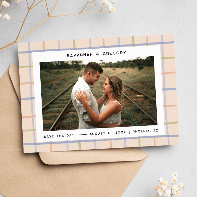 Save The Date Photo tirée à la main rustique moderne Enregistrer (modern save the date with picnic blanket design)